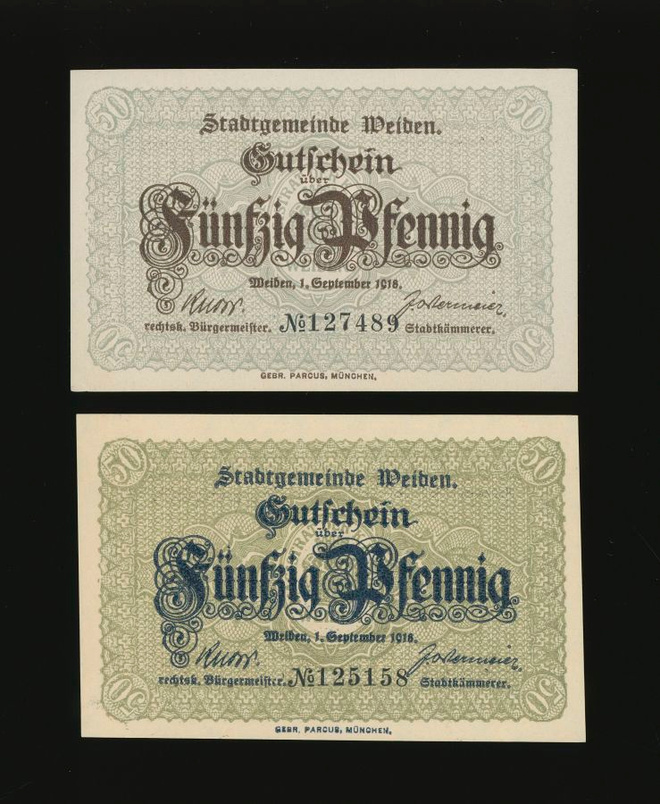 Saksa Notgeld 2 x 50 Pfg, Weiden 1918