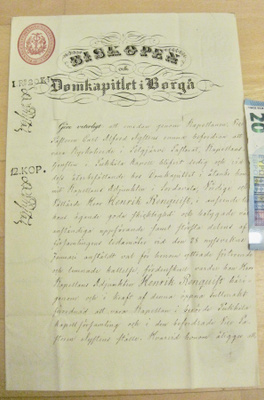 Asiakirja Tuomikapituli Porvoo 1849 Runeberg Omakät. Nimmari