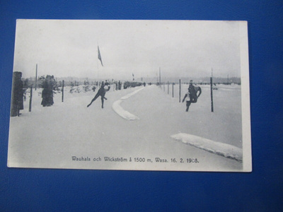 Wanhala och Wickström å 1500 m. Wasa 16.2.1908. Postikortti