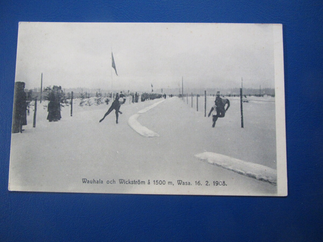 Wanhala och Wickström å 1500 m. Wasa 16.2.1908. Postikortti