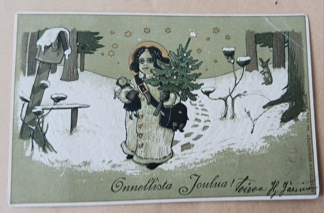 Kuusta ja lahjoja tuodaan läpi metsän, vanha joulupk p. 1909