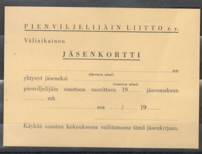 Pienviljelijäin liitto ry:n jäsenkortti v. 1938