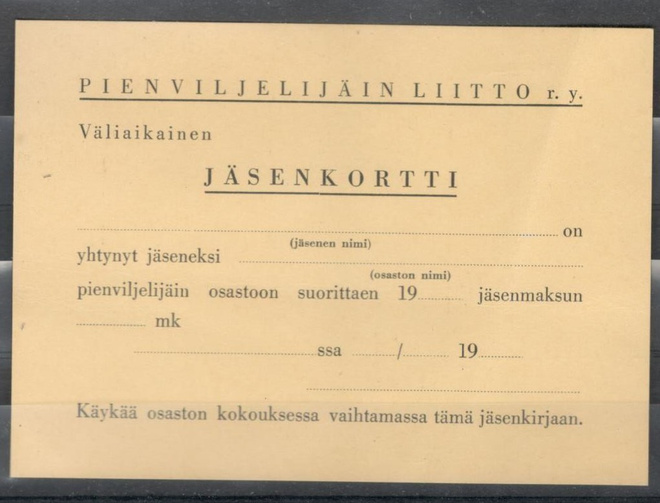Pienviljelijäin liitto ry:n jäsenkortti v. 1938