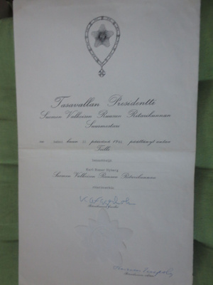 Tasavallan Presidentin Myöntök. SVR Ritariristn