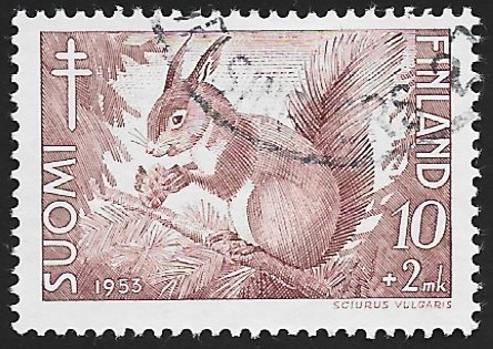 1953 TUB merkki Orava 10 + 2 mk leimattu LaPe 418
