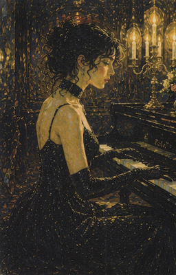 Nainen soittaa pianoa, iltapuku