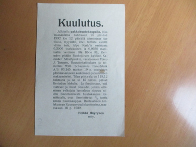 1932 Kerimäki kuulutus pakkohuutokaupasta