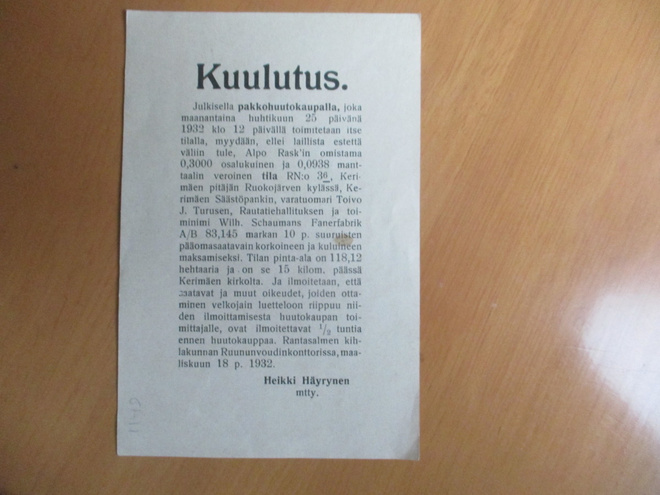 1932 Kerimäki kuulutus pakkohuutokaupasta