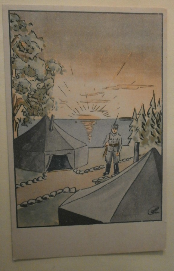 Sotilas yövartiossa, aurinko nousee, piirrospk (KEK), ei p.