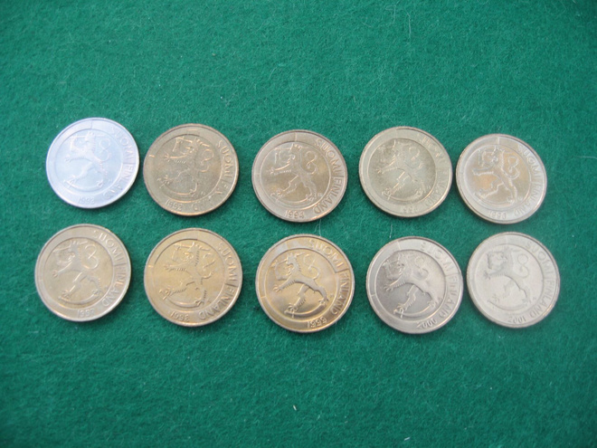10 kpl 1 markka - 1993-2001 koko sarja ja 1 mk 1993 nikkeliä