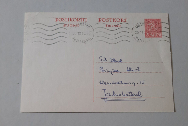 20mk Ehiökirjekortti, Pietarsaari 20.12.60