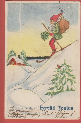Margit Ekstam Tonttu suksilla mäessä