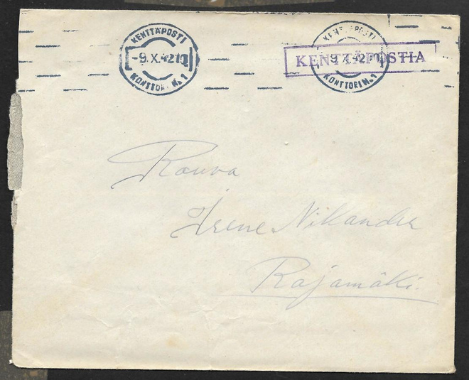 Postilähetys - Kenttäposti + KPK 1 9.10.1942