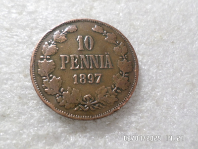10  penniä  1897  tasaisesti  patinoitunut  hieno   raha,