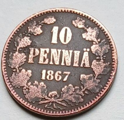 Aleksanteri II kupari 10 penniä vuodelta 1867.