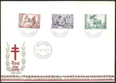 FDC 1953 Tuberkuloosi merkit LaPe 418 - 420 LOISTOT