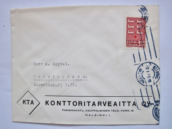 VANHA FDC Ensipäiväkuori 2.I.1943 Punainen Risti