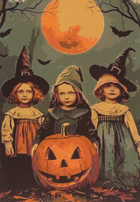 Halloween kolme tyttöä ja iso kurpitsa