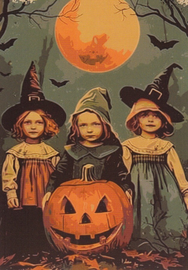 Halloween kolme tyttöä ja iso kurpitsa