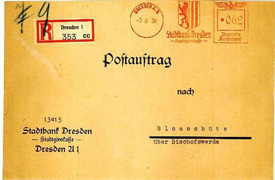 Saksa 1938 postitoimenantokirje frankkeerausleimalla