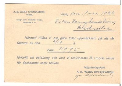 Vaasa, v. 1924 firmakortti kotiseutukeräilijälle