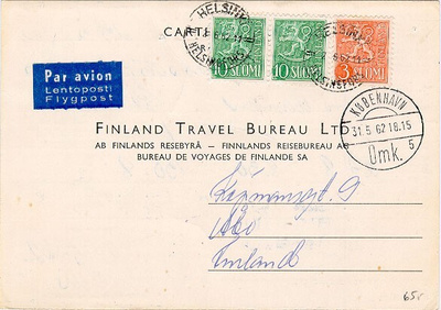 M54 1962 vastauskortti lentopostissa Tanskasta