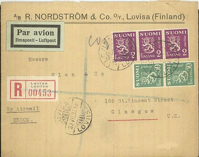 1932 2mk violetti leijona ym R-lento-kirje Englantiin