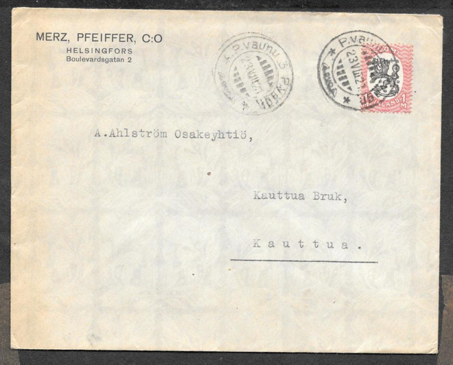 Postilähetys - Saarinen 1mk (LAPE 74) Postivaunu 3 23.8.1921