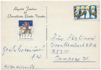 Tub Joulumerkki 1986 Poro ja tonttu kortilla