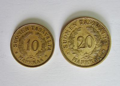 10 MK ja 20 MK kolikot 1937 ja 1939