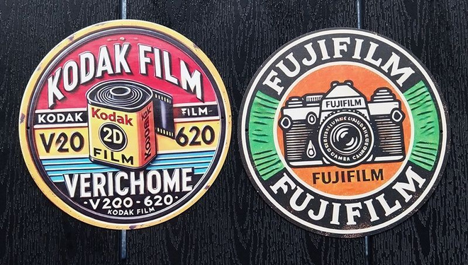 Kodak film ja Fujifilm peltikyltit