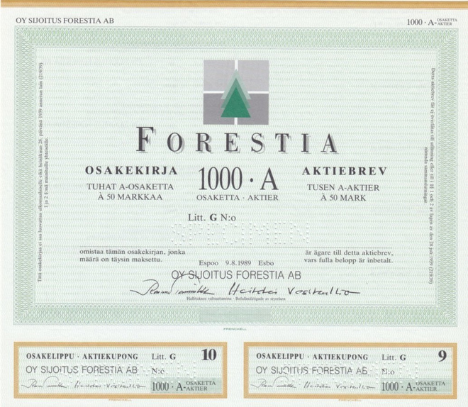 OKK 1989 Forestia Oy spec, Espoo pörssi osakekirja