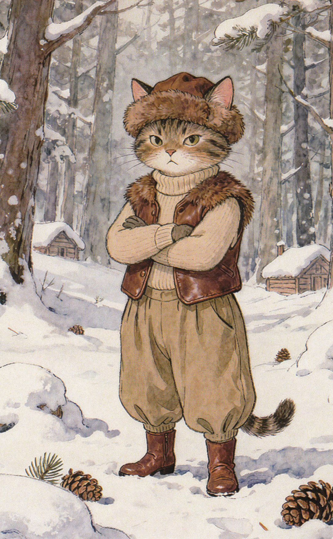 Kissalla pussihousut ja karvalakki