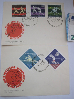 2 VANHAA FDC Ensipäivä Kuorta Puola Olympia 1964 Tokyo