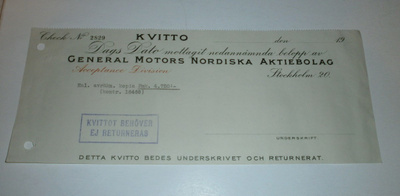 Kuitti General Motors Nordiska Aktiebolag, vanha