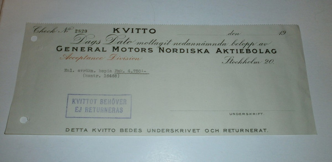 Kuitti General Motors Nordiska Aktiebolag, vanha