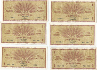 Suomi 1963, 1 mk setelit 19 kpl