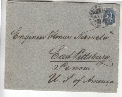 Venäjä 1908 10 kop kirjeellä Torniosta Pittsburggiin.