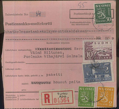 M30 1944 kirjattu postiennakkopaketti