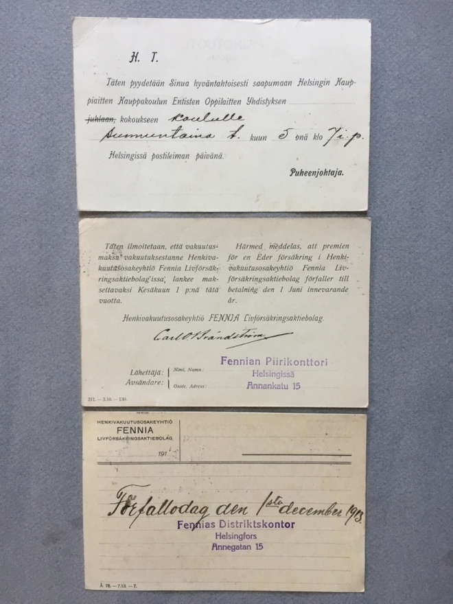 Fennia vakuutus, postikortit 3kpl,  1913