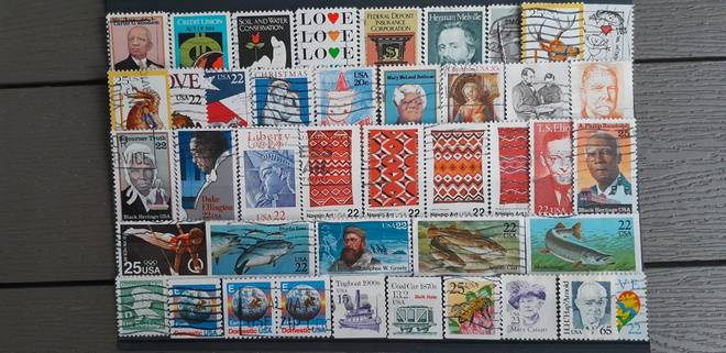 USA 1980 luku LEIMATTUJA postimerkkejä 42 kpl