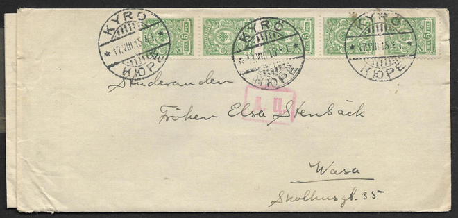 Postil. - 5p 1911 (LAPE 5x62) Kyrö 17.7.1915 + sens