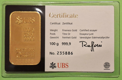 UBS 100 g 9999 kulta harkko