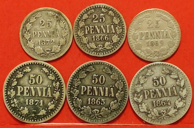 25 p 1866, 1869 ja 1872 + 50 p 1864, 1865 HARVINAINEN. (KD5)