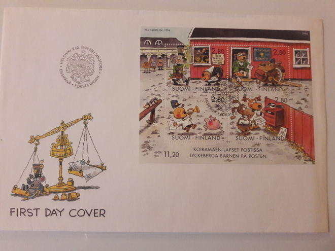 Ensipäiväkuori (FDC) Koiramäen lapset postissa, 1994