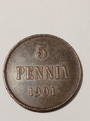 *Suomi * 5 penniä *1901 * Copper/Kupari *1+