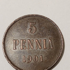 *Suomi *  5 penniä  *1901 *   Copper/Kupari *1+ - pikkukuva 1