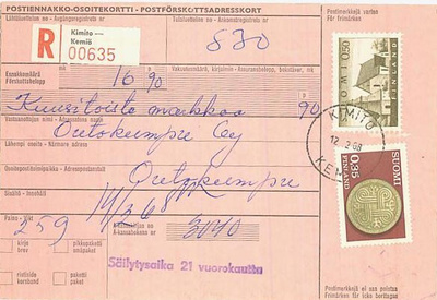 1968 kirjattu postiennakkovapaakirje