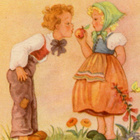 Lapsi - Tyttö antaa omenan pojalle - Kortti 1940-50-luvulta - pikkukuva 1