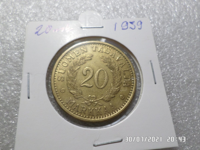 20  mk 1939  rahakehyksessä  alumiinipronssia  siisti  kl 7
